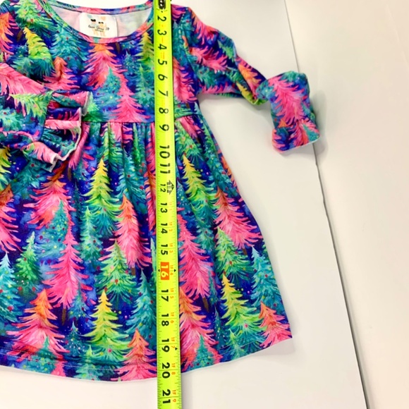 Girls Christmas Tree velour Pink princess multicolored festive flare top dresses - Picture 12 of 16